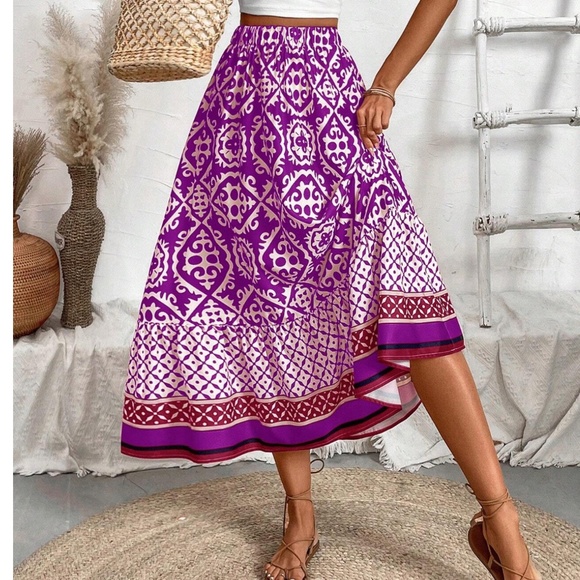 Boho Color Block Print Stretchy Waist Ruffle Hem Skirt - Picture 12 of 14